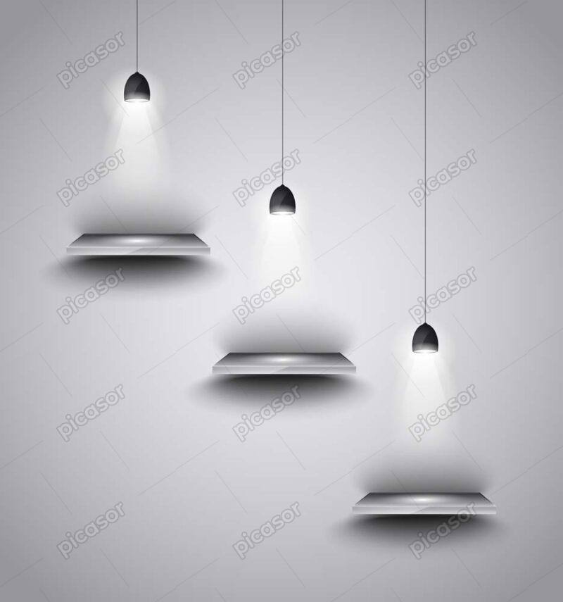 3 وکتور شلف دیواری با نورپردازی و لامپ برای تبلیغ محصولات، شبیه سازی ویترین و قفسه
