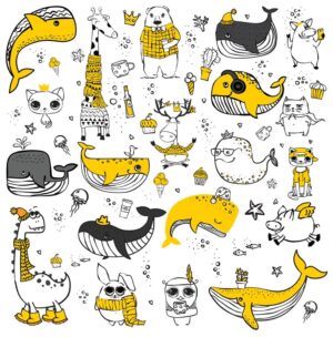 20 وکتور نقاشی نهنگ گربه جغد خرگوش و زرافه و حیوانات طرح نقاشی ساده کارتونی بامزه
