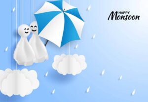 وکتور عروسک باران و ابر در آسمان آبی سبک هنر کاغذی