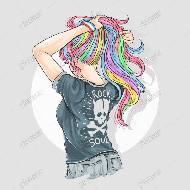 وکتور دختر با موهای رنگی از پشت سر با استایل راک