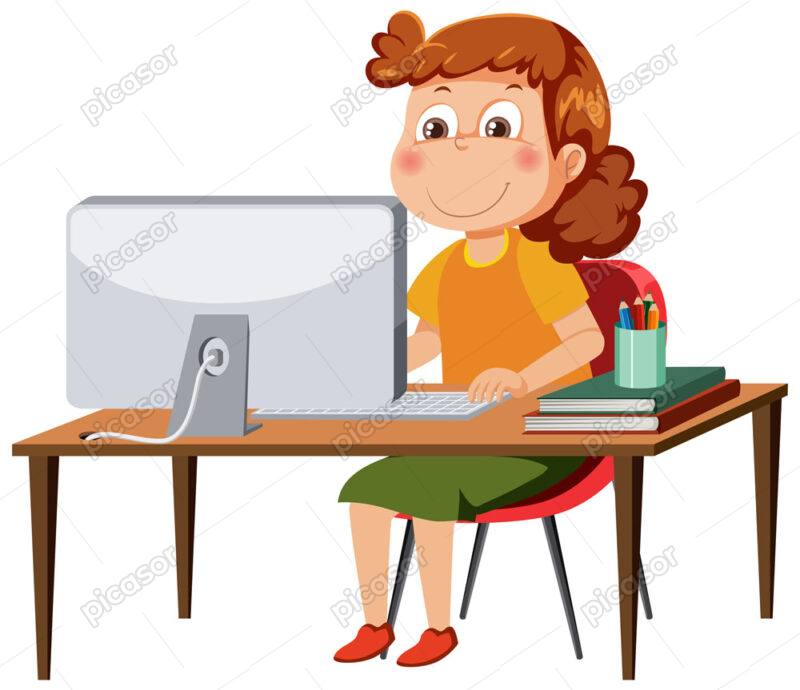 وکتور کارتونی دختر پشت میز کامپیوتر