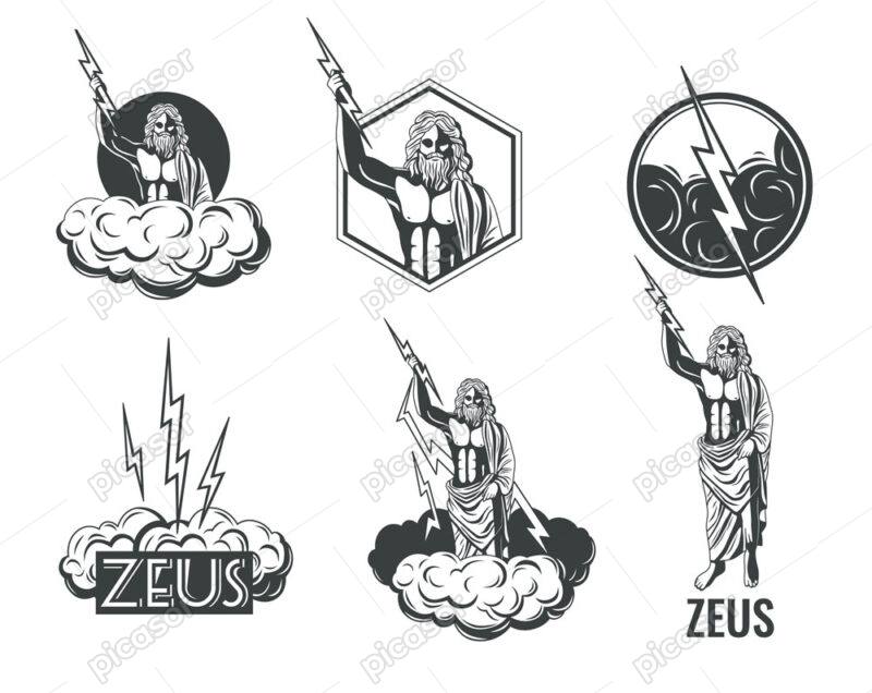 6 وکتور زئوس با رعد و برق نماد خدایان یونان باستان - وکتور سمبل زئوس ایزد المپ‌نشین یونانی
