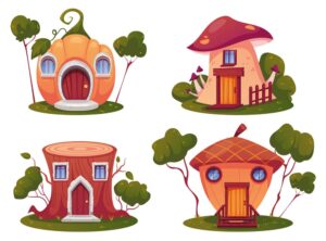 6 وکتور خانه فانتزی کارتونی کوتوله ها با قارچ کدو و درخت