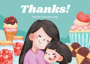 وکتور کارت تبریک روز مادر تم کودکانه با پسر بچه در آغوش مادر و زمینه آبنبات بستنی و شیرینی