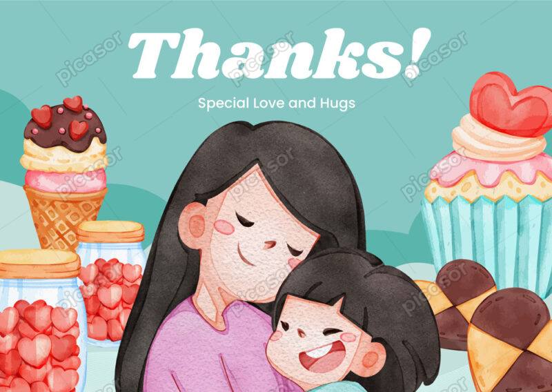 وکتور کارت تبریک روز مادر تم کودکانه با پسر بچه در آغوش مادر و زمینه آبنبات بستنی و شیرینی