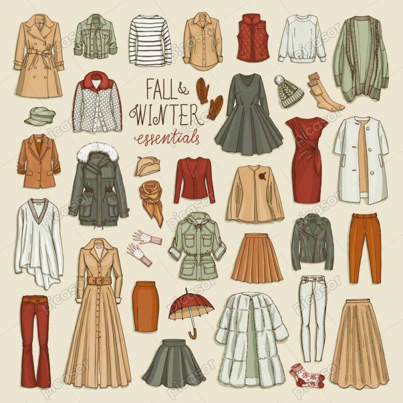 35 وکتور لباسهای پاییزی زنانه - وکتور انواع شلوار لباس کلاه پالو و بارانی فصل سرد
