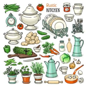 30 وکتور لوازم و ظروف آشپزخانه قدیمی روستایی با سبزیجات تازه