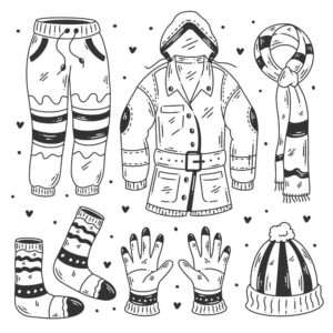 6 وکتور کاپشن دستکش کلاه جوراب و شال گردن - وکتور انواع لباس زمستانه سبک نقاشی دست