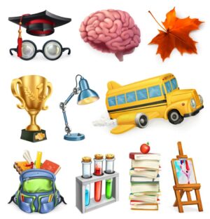 11 وکتور نمادهای آموزشی و مدرسه طرح 3 بعدی - وکتور کتابها روی هم اتوبوس مدرسه مغز چراغ مطالعه جام طلایی کیف مدرسه