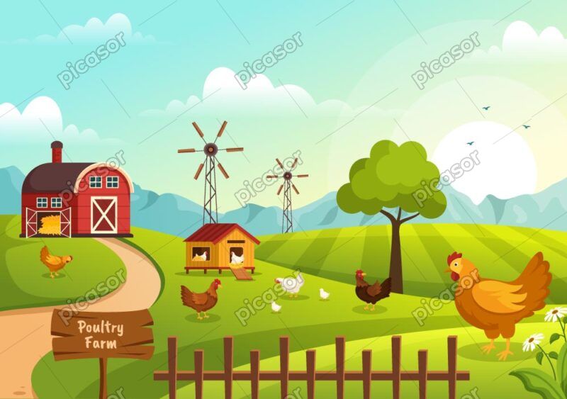 وکتور پس زمینه چشم انداز روستا با مرغ و خروس و جوجه - وکتور پس زمینه تصویرسازی مرغداری