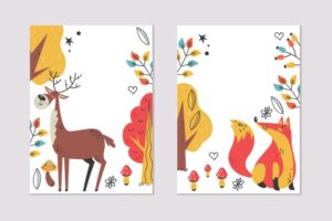 2 وکتور کارت کودکانه با حیوانات جنگل - وکتور نقاشی گوزن و روباه در جنگل