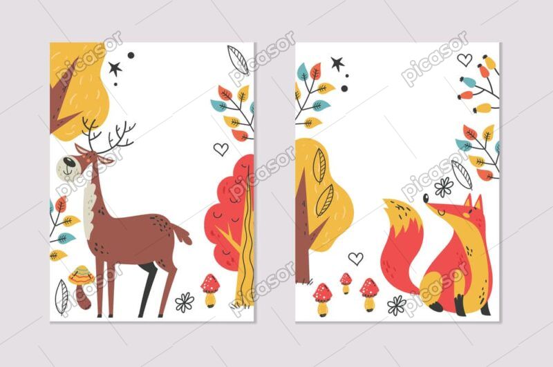 2 وکتور کارت کودکانه با حیوانات جنگل - وکتور نقاشی گوزن و روباه در جنگل