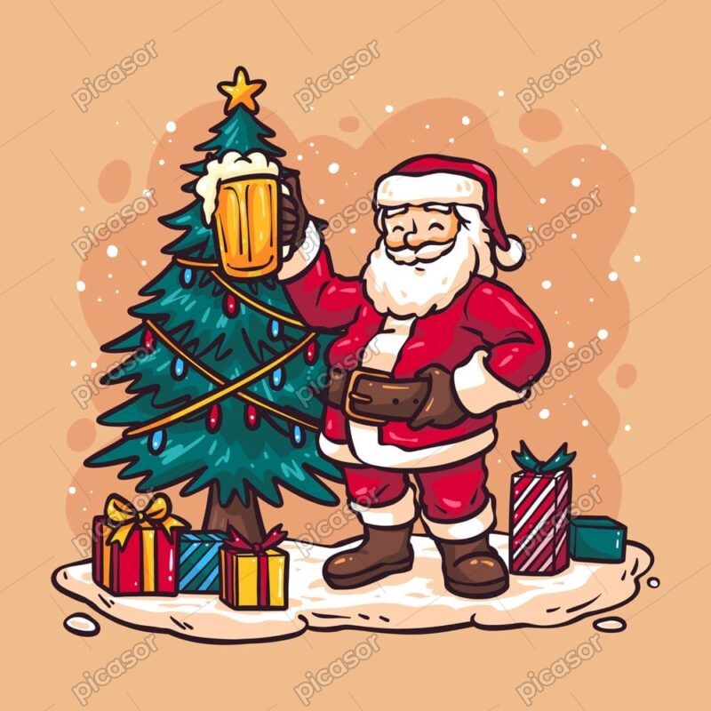 وکتور بابانوئل کنار درخت کریسمس