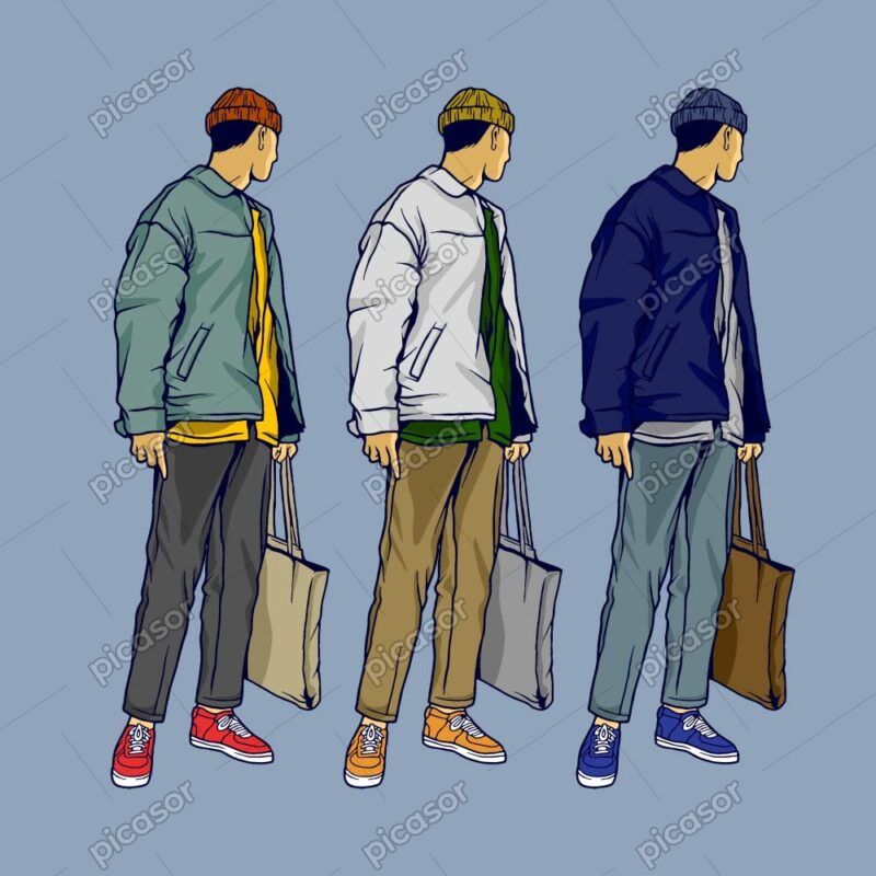 3 وکتور مردان جوان ایستاده با کیف در دست