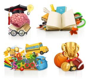 4 وکتور نمادهای مدرسه و آموزش طرح 3 بعدی - وکتور کتاب دانش آموز اتوبوس مدرسه مغز توپ ورزش جام لوازم التحریر کیف مدرسه