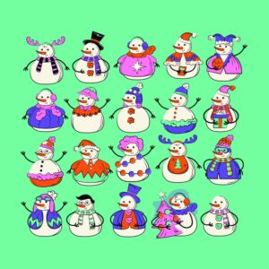 مجموعه 20 وکتور آدم برفی کارتونی با لباس زمستانی - وکتور آواتار آدم برفیهای بامزه