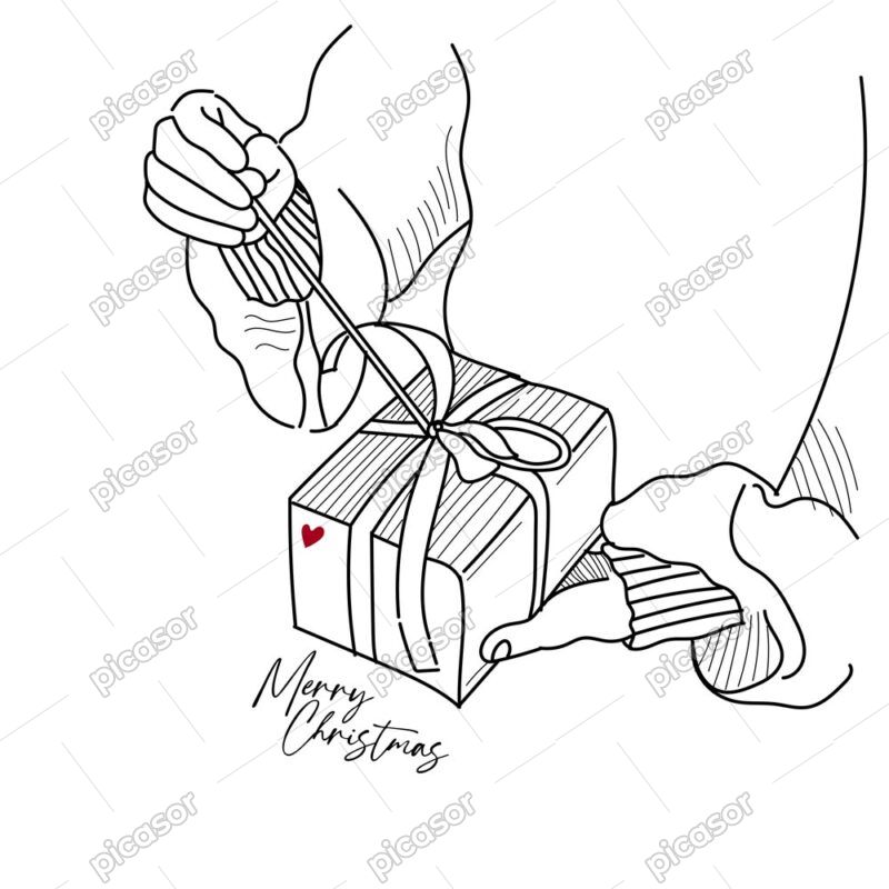 وکتور نقاشی باز کردن جعبه هدیه با خط - وکتور دست و کادو خطی طرح هدیه کریسمس
