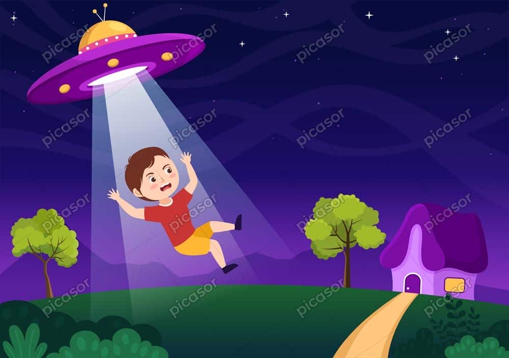 وکتور دزدیدن پسر بچه با بشقاب پرنده و بالا بردن طرح کارتون وکتور دزدیدن پسر بچه با بشقاب پرنده و بالا بردن طرح کارتون