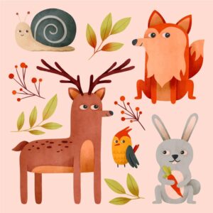 5 وکتور نقاشی گوزن خرگوش روباه حلزون و دارکوب طرح کودکانه - وکتور تصویرسازی حیوانات جنگل