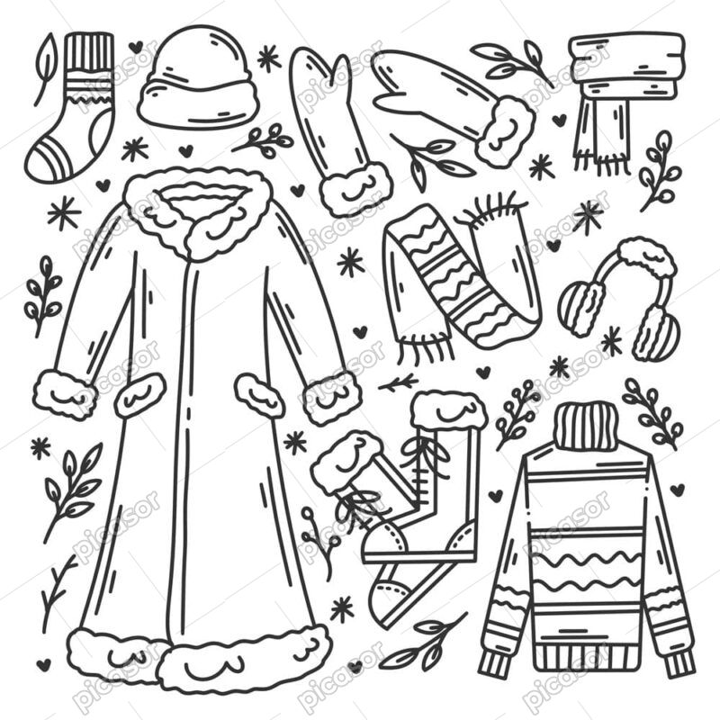 9 وکتور نقاشی پوشاک زمستانی سبک نقاشی دست - وکتور کاپشن شال گردن جوراب پالتو دستکش و کلاه