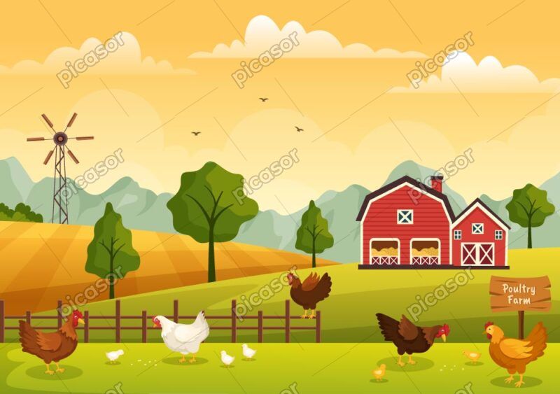 وکتور پس زمینه غروب روستا با مرغ و خروس و جوجه - وکتور تصویرسازی مرغداری