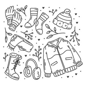 7 وکتور نقاشی کاپشن دستکش کلاه جوراب و شال گردن و پوتین - وکتور انواع لباس زمستانه سبک نقاشی دست