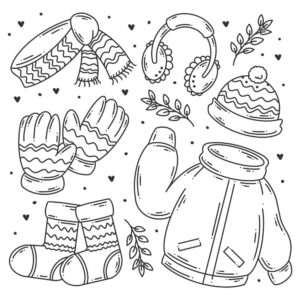 6 وکتور نقاشی کاپشن دستکش کلاه جوراب و شال گردن - وکتور انواع لباس زمستانه سبک نقاشی دست