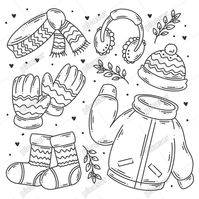 6 وکتور نقاشی کاپشن دستکش کلاه جوراب و شال گردن - وکتور انواع لباس زمستانه سبک نقاشی دست