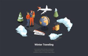 وکتور سفر در تعطیلات زمستانی کریسمس طرح ایزومتریک