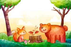 وکتور نقاشی حیوانات شاد جنگل روباه خرس بلبل طرح نقاشی کودکانه - وکتور نقاشی کودکانه از حیوانات