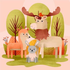 وکتور نقاشی گوزن خرگوش و آهو در جنگل طرح کودکانه - وکتور تصویرسازی حیوانات جنگل کنار هم