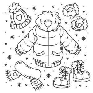 5 وکتور نقاشی کاپشن دستکش کلاه و شال گردن و پوتین - وکتور انواع لباس زمستانه سبک نقاشی دست