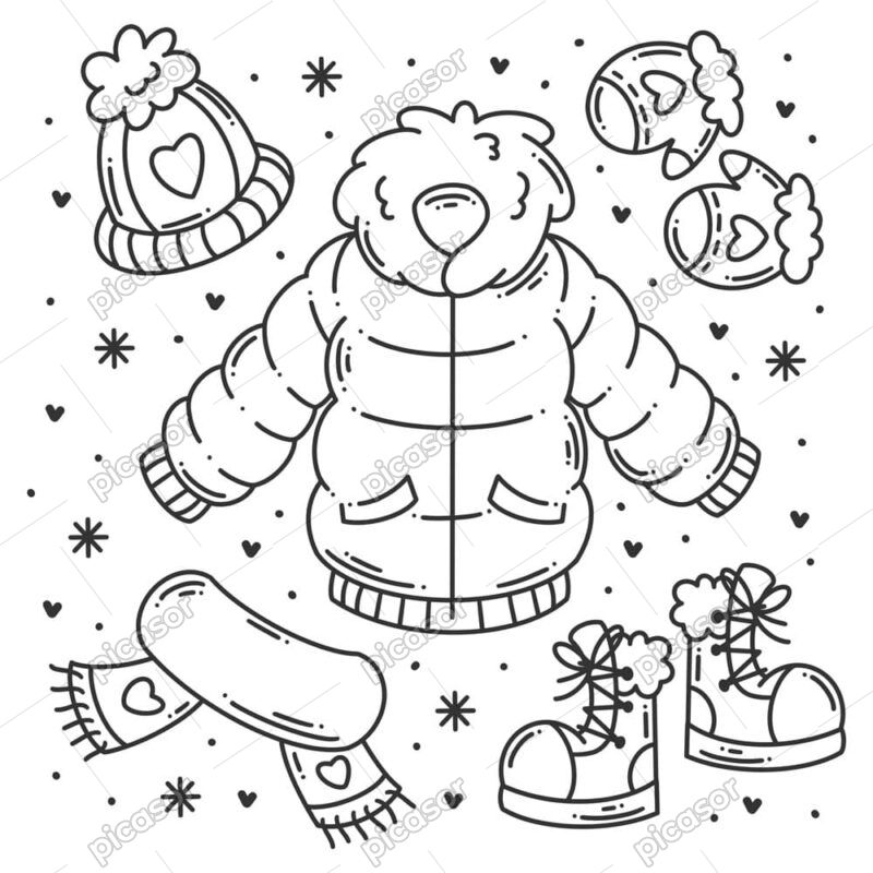 5 وکتور نقاشی کاپشن دستکش کلاه و شال گردن و پوتین - وکتور انواع لباس زمستانه سبک نقاشی دست