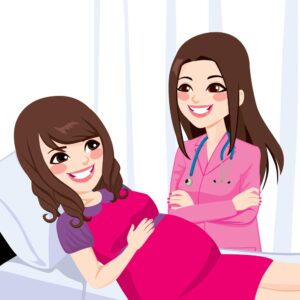 وکتور زن باردار در بیمارستان کنار پزشک زن