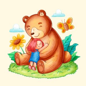 وکتور نقاشی دختر بچه و خرس مهربون طرح نقاشی کودکانه
