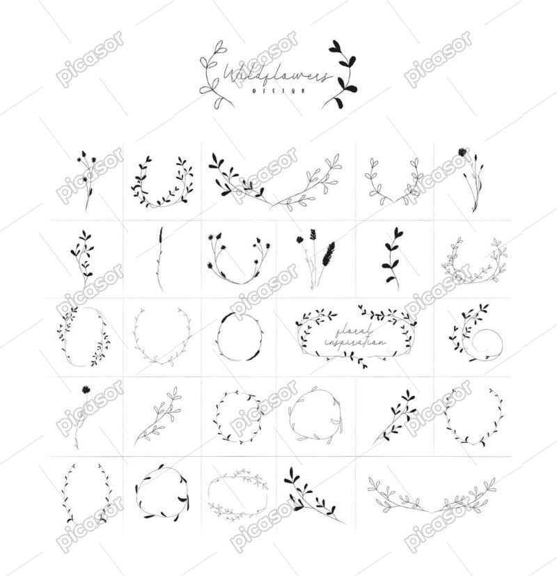 28 وکتور شاخه مینیمال و تاج گل خطی طرح نقاشی دست