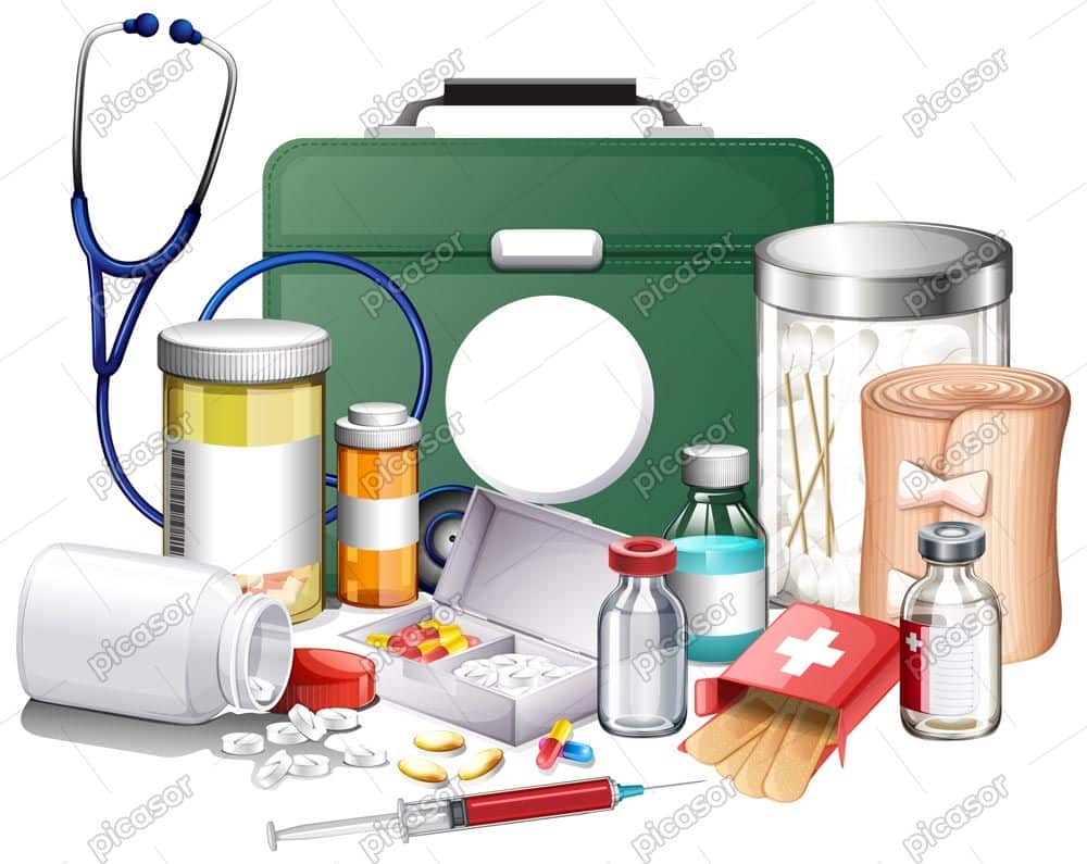 وکتور جعبه کمکهای اولیه با سرنگ آمپول بانداژ قوطی پنبه گوشی پزشکی قرص و کپسول وکتور جعبه کمکهای اولیه با سرنگ آمپول بانداژ قوطی پنبه گوشی پزشکی قرص و کپسول