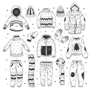 15 وکتور کاپشن پالتو لباسهای زمستانی دستکش و کلاه - وکتور انواع لباس زمستانه سبک نقاشی دست