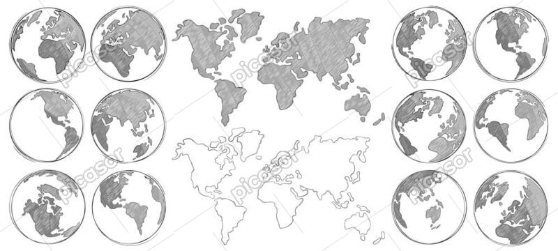 14 وکتور نقاشی کره زمین و نقشه جهان با مداد