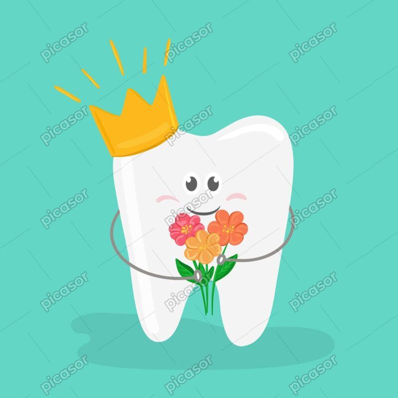 وکتور دندان کارتونی سالم با تاج و گل