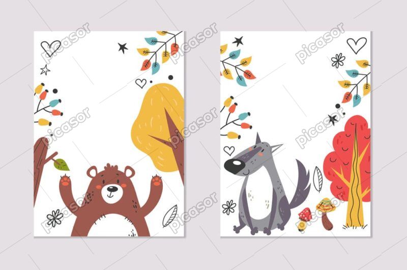 2 وکتور کارت کودکانه با حیوانات جنگل - وکتور نقاشی گرگ و خرس در جنگل