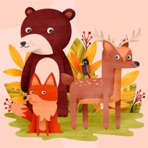 وکتور نقاشی گوزن خرس روباه در جنگل طرح کودکانه - وکتور تصویرسازی حیوانات جنگل