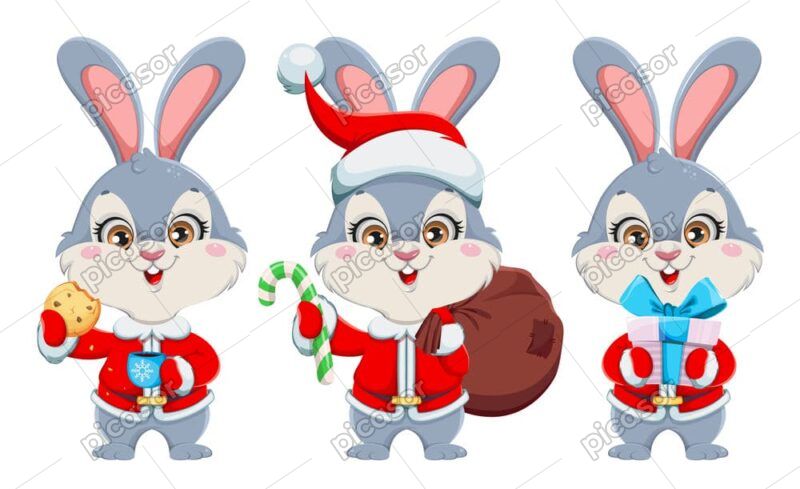 3 وکتور خرگوش با لباس بابانوئل - وکتور خرگوشهای کریسمس کارتونی