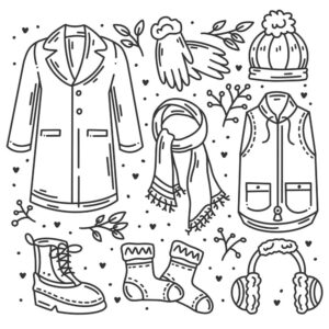 8 وکتور نقاشی آیکون لباس زمستانه سبک نقاشی دست - وکتور کاپشن شال گردن جوراب پالتو دستکش و کلاه