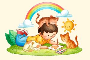 وکتور نقاشی پسر بچه و بچه گربه های بامزه طرح نقاشی کودکانه - وکتور نقاشی کودک و حیوانات خانگی