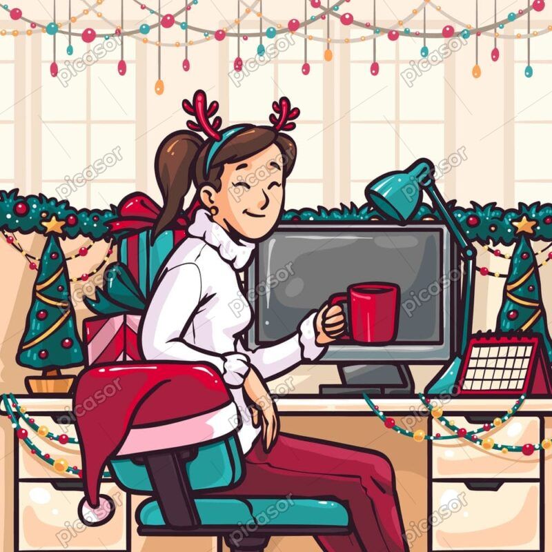وکتور دختر جوان پشت میز کامپیوتر با ماگ در دست روز جشن کریسمس