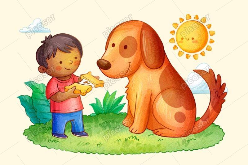 وکتور نقاشی پسر بچه و سگ مهربون طرح نقاشی کودکانه - وکتور نقاشی کودک و حیوانات خانگی
