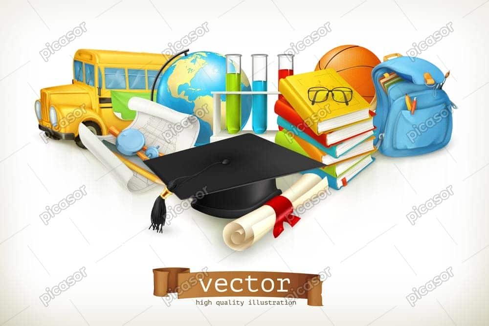 وکتور کتابها روی هم کیف اتوبوس مدرسه و سایر لوازم و تجهیزات آموزشی طرح 3 بعدی وکتور کتابها روی هم کیف اتوبوس مدرسه و سایر لوازم و تجهیزات آموزشی طرح 3 بعدی