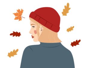 وکتور دختر جوان از پشت سر با کلاه قرمز در پاییز