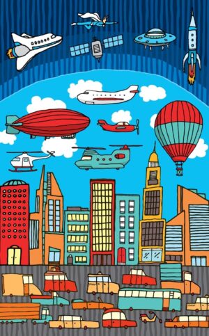 وکتور نقاشی شهر کارتونی با ماشین و هواپیما و فضای جو